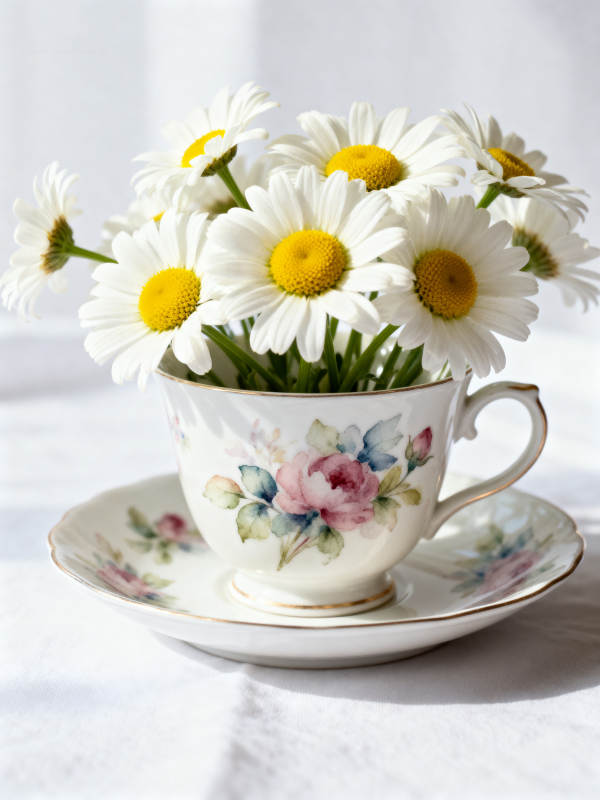 雏菊茶杯花艺图片