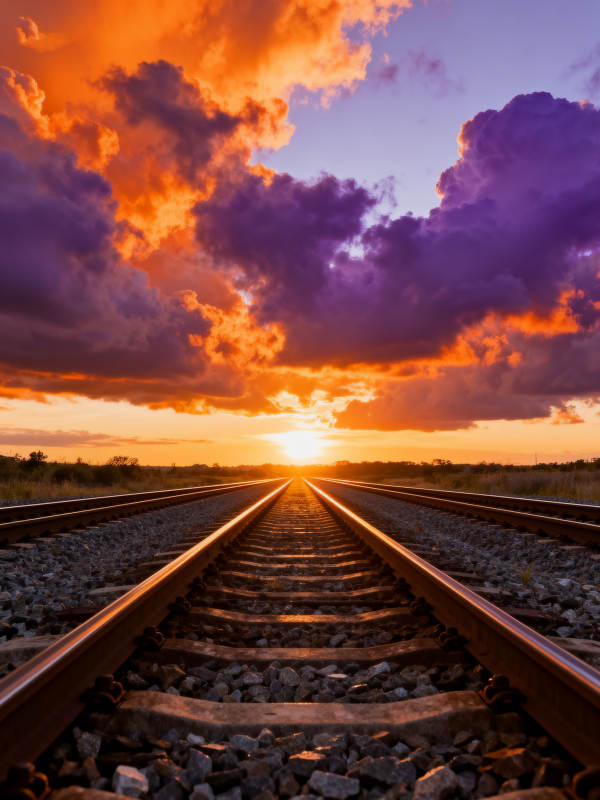 铁轨尽头的夕阳图片