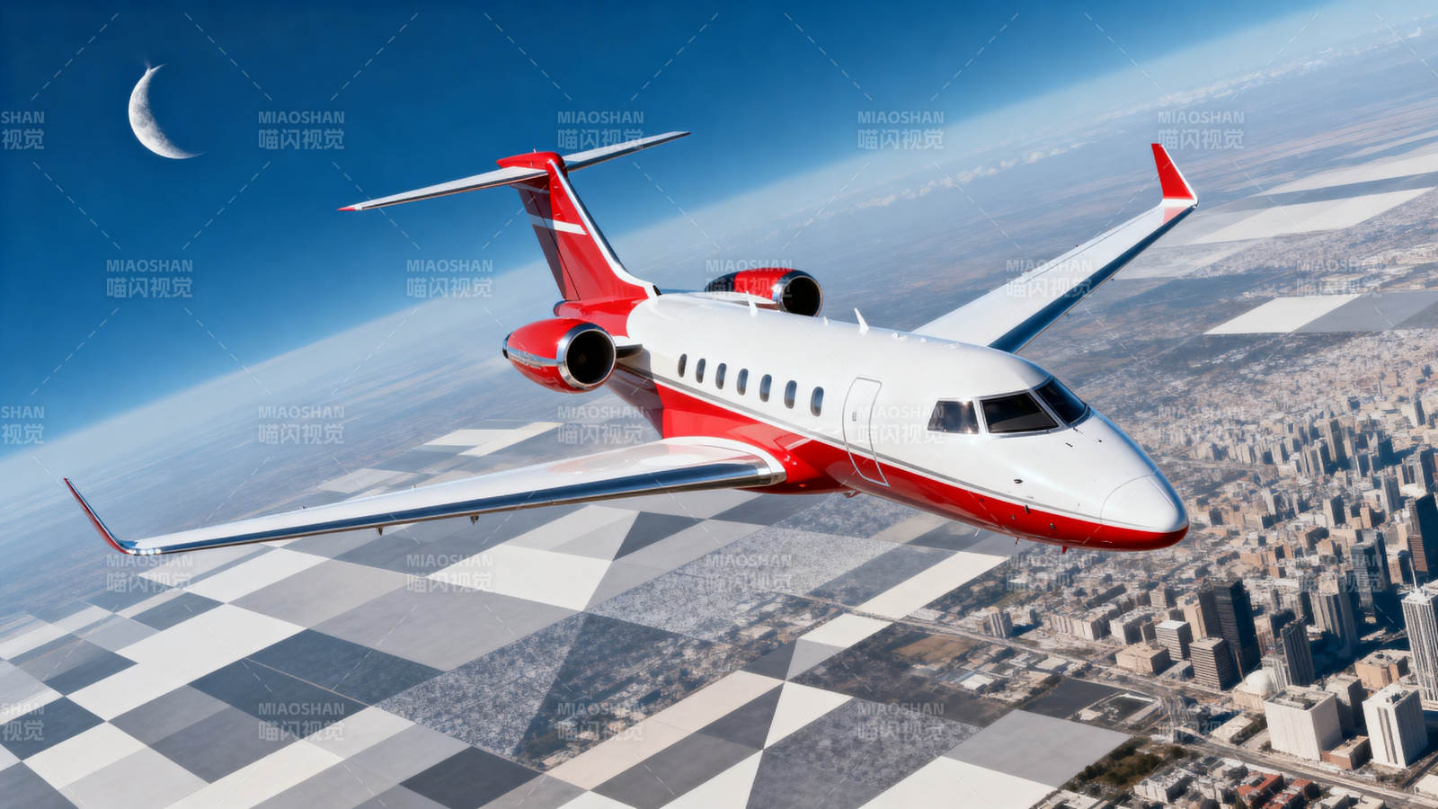 红白私人飞机翱翔城市上空图片