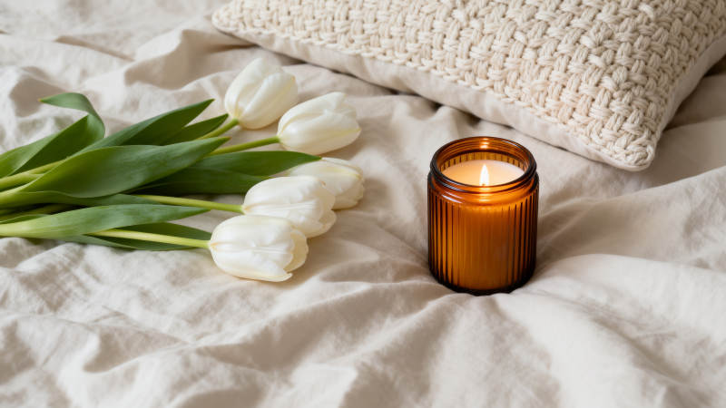 烛光与白郁金香图片