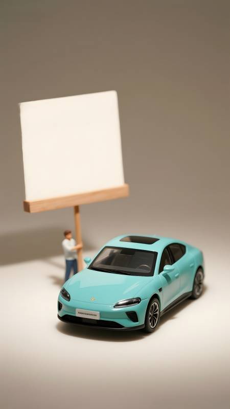 蓝车旁立空白告示牌图片