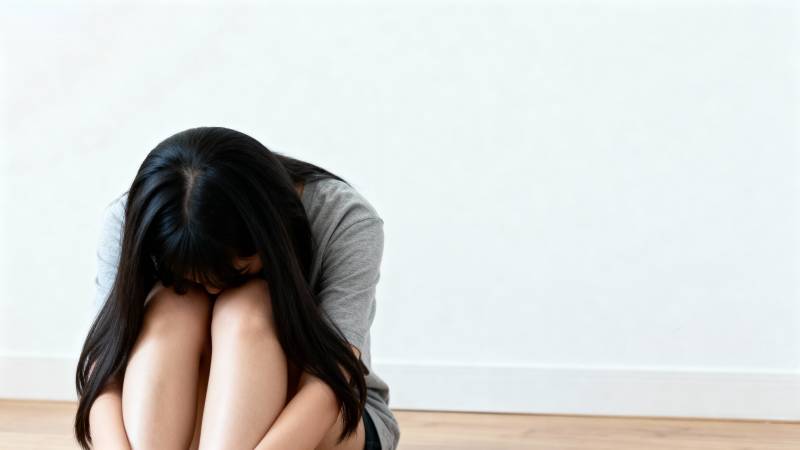 低头蜷缩的女子图片