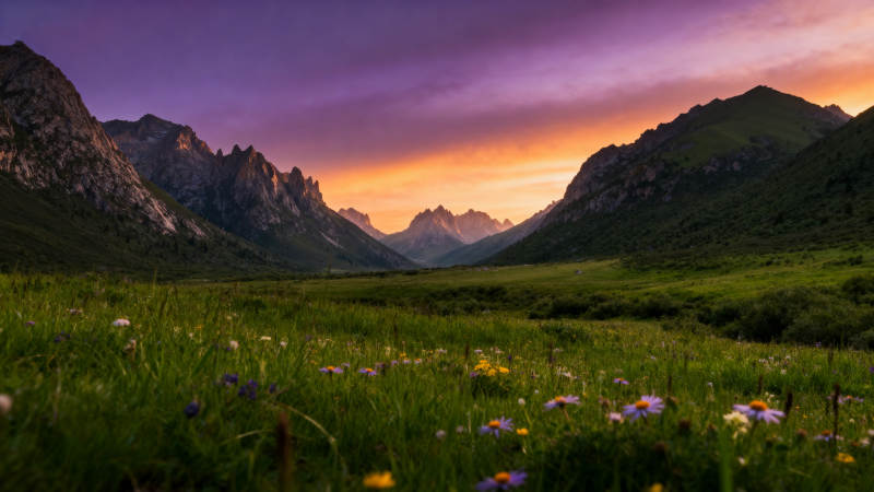山野花海夕照图片