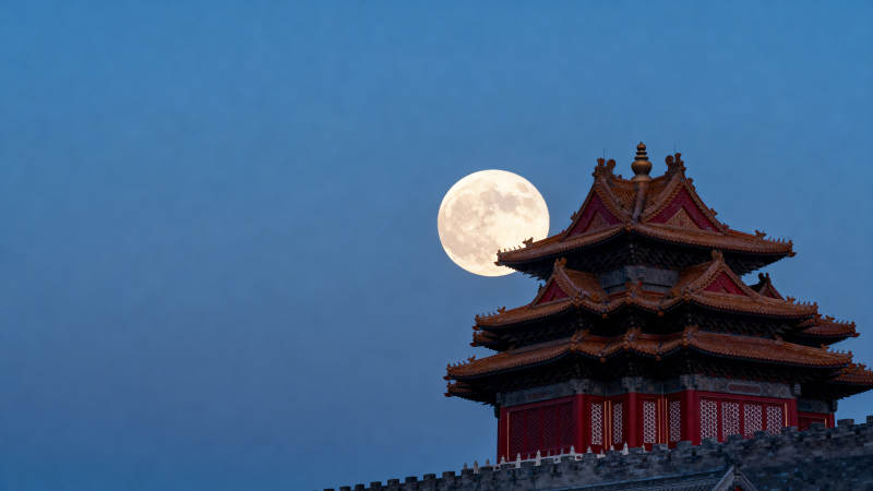 月照古塔夜景图片