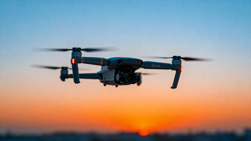 夕阳下的无人机飞行图片