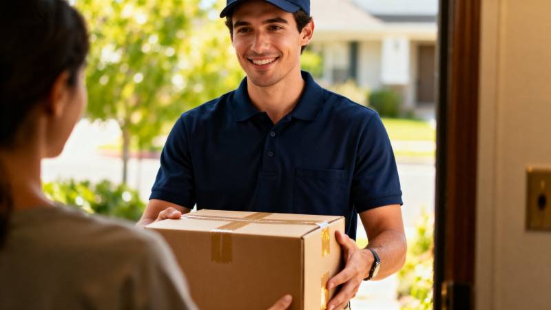 快递员送货上门图片