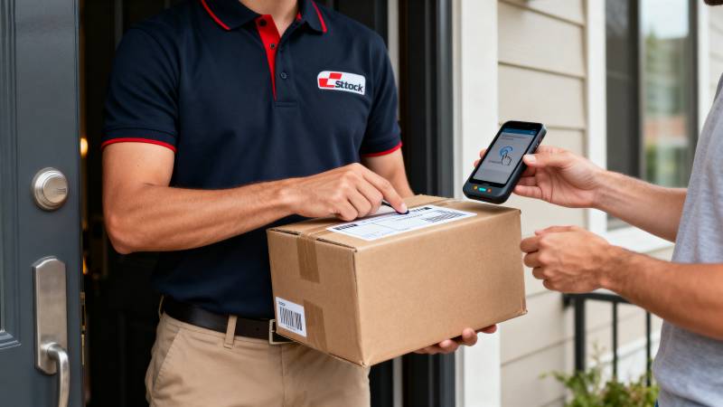 快递员送货上门图片