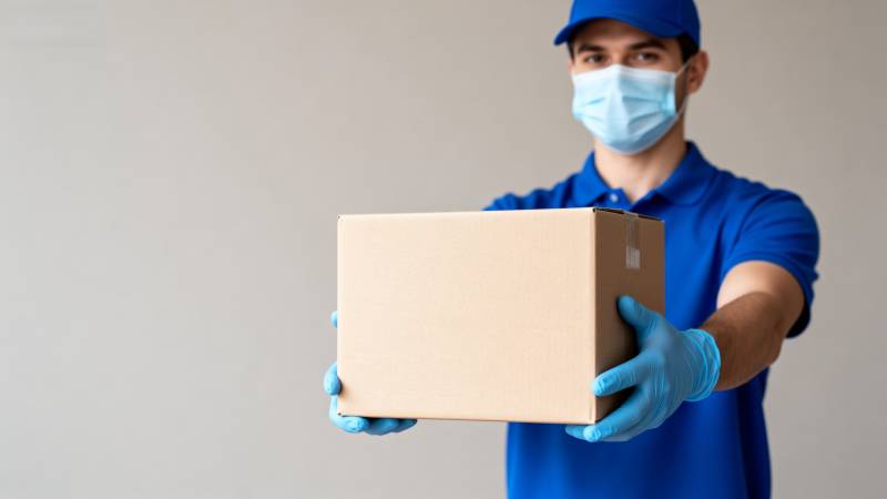 快递员戴口罩送包裹图片