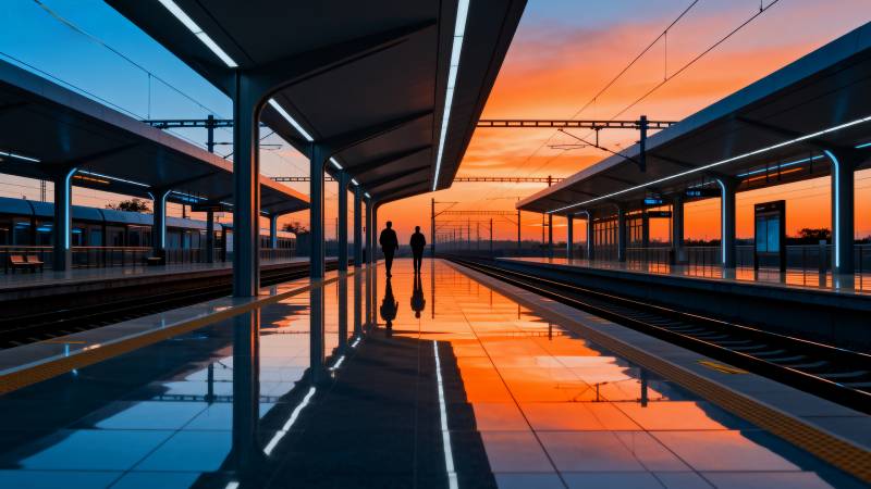 站台暮色行影图片