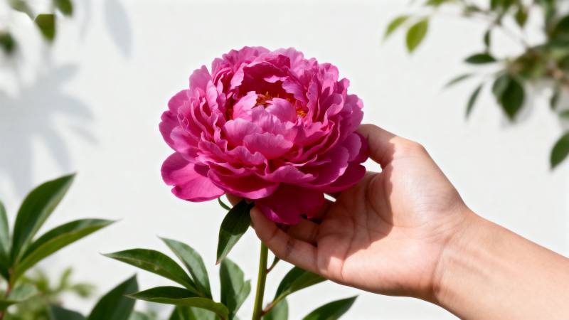 手捧粉红牡丹花图片