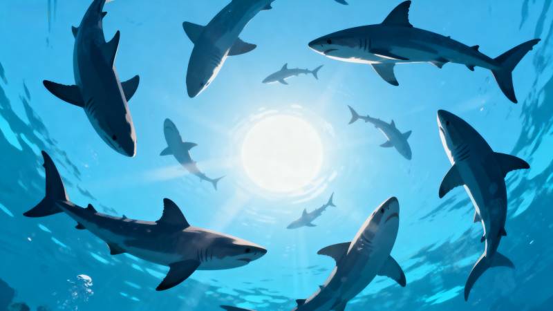 鲨鱼群游深海图片