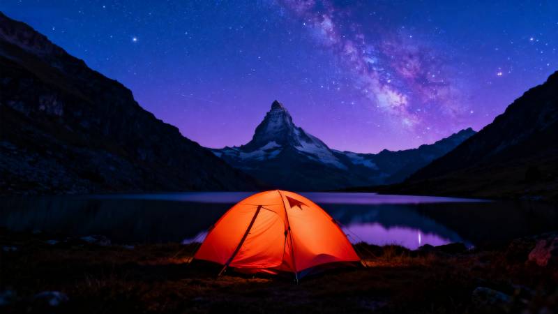 星空下的橙色帐篷图片