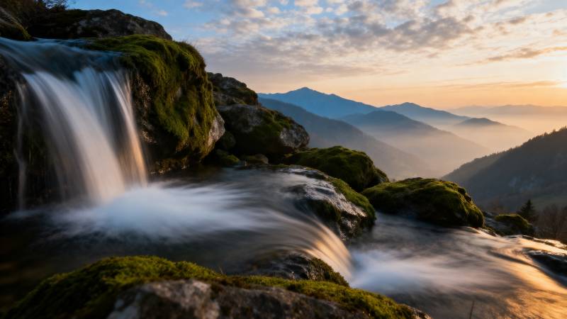 山涧飞瀑晨曦图片