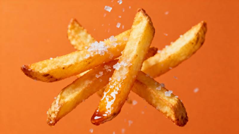 金黄薯条撒盐飞舞图片