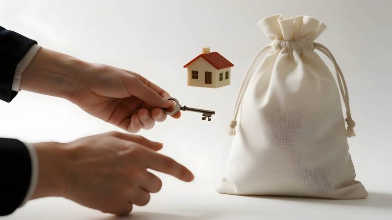 购房钥匙与钱袋图片