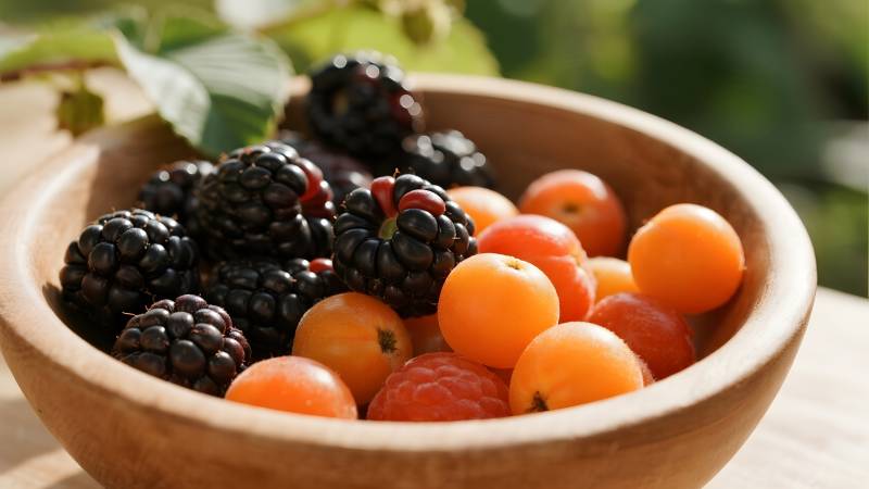 木碗盛满浆果与橙果图片