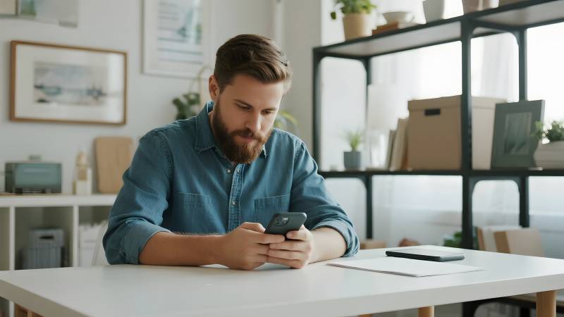 男子专注看手机图片