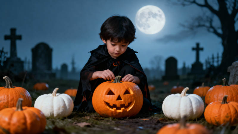 月下童雕南瓜灯图片