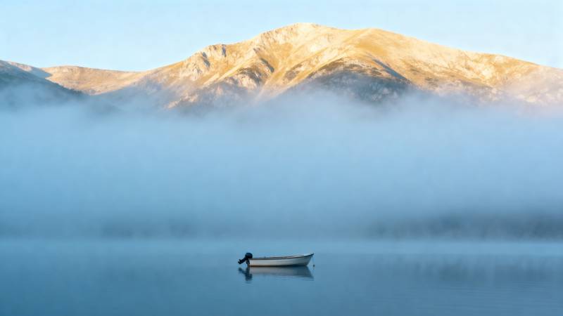雾中孤舟静泊图片
