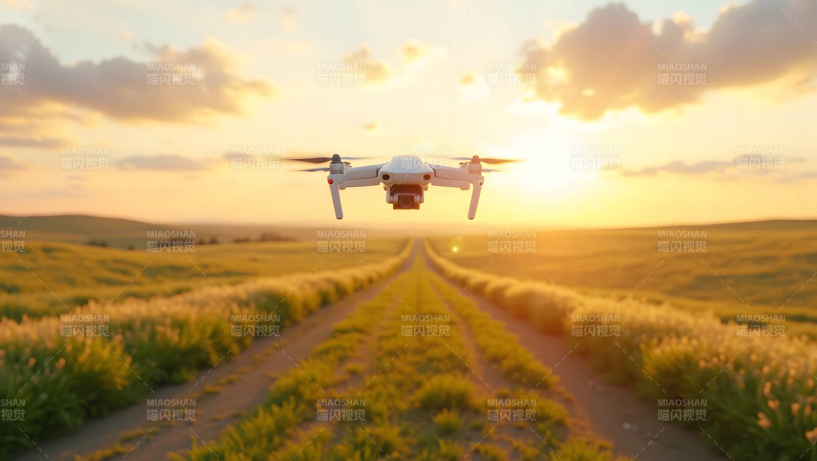 无人机航拍日落田园图片