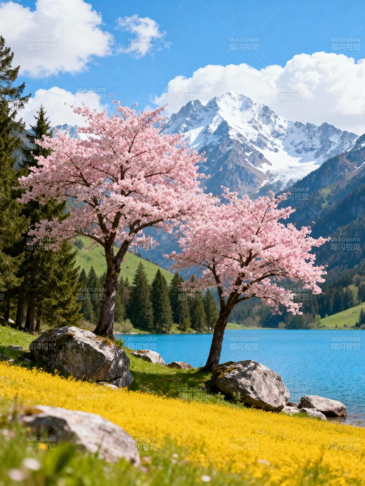 春山樱湖美景图片