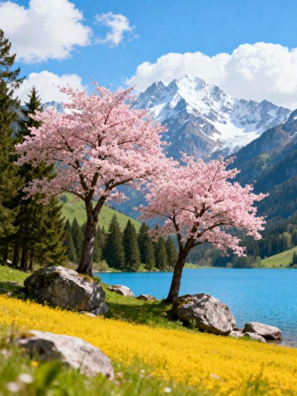 春山樱湖美景图片