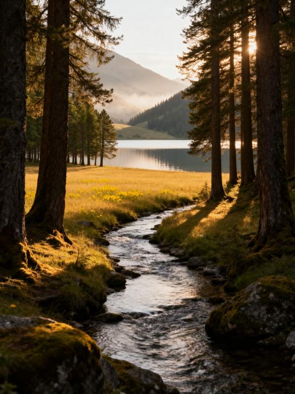 林间溪流映晨光图片