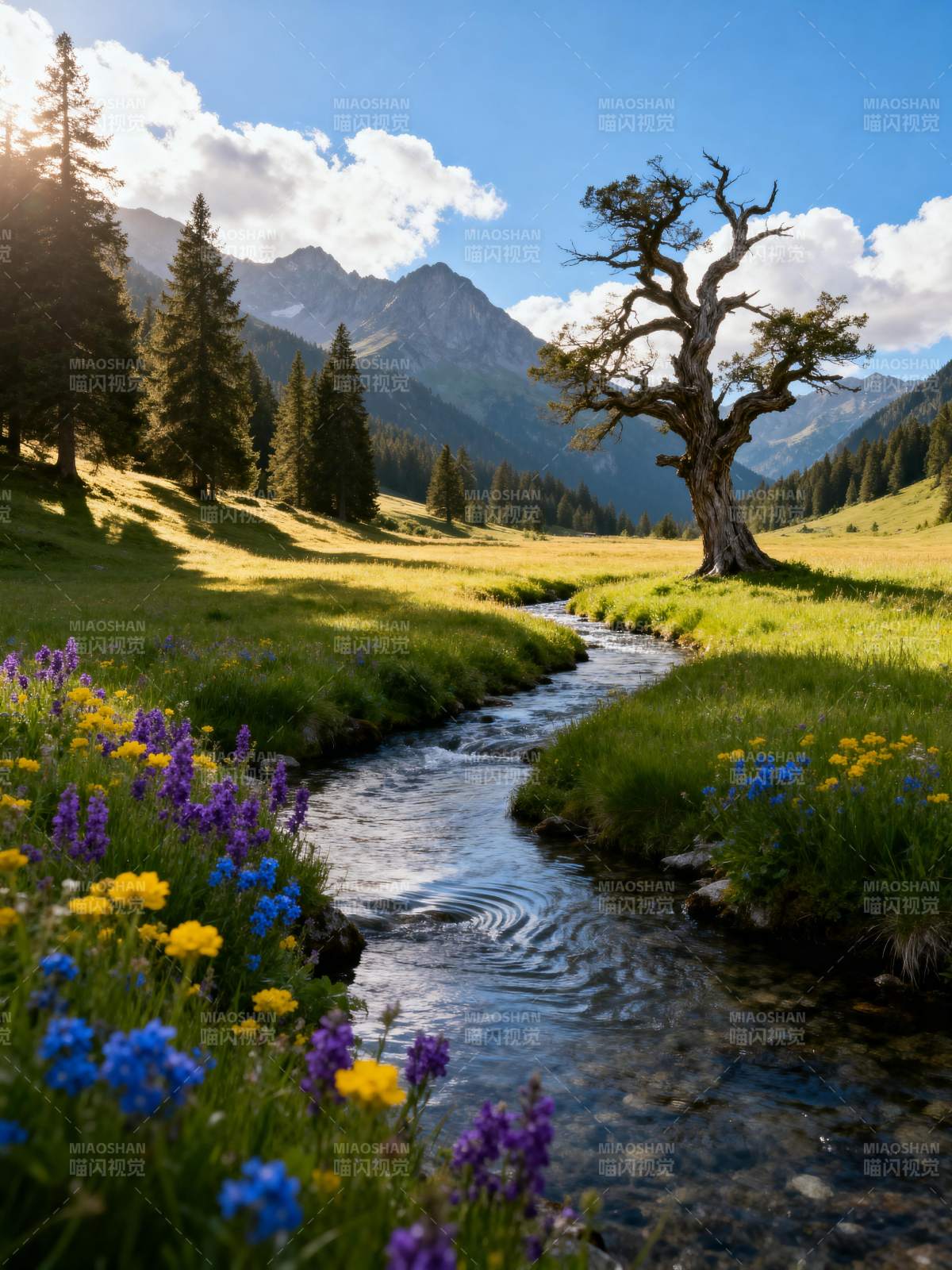 山间溪流花影图片