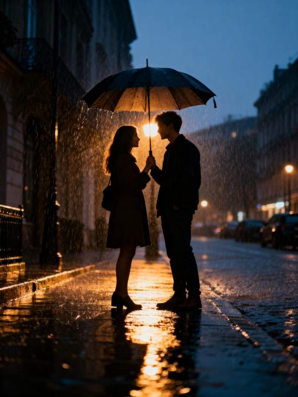 雨夜伞下情图片