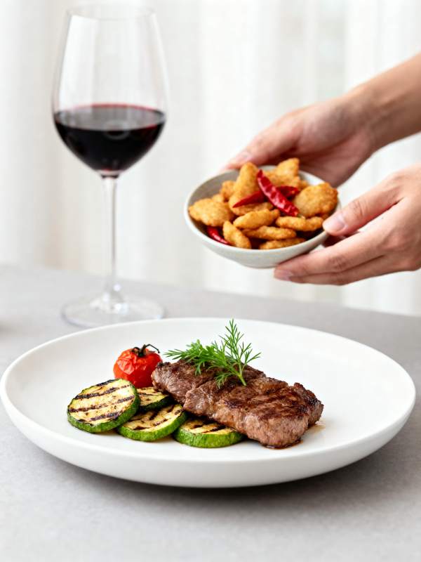 牛排配红酒与小食图片