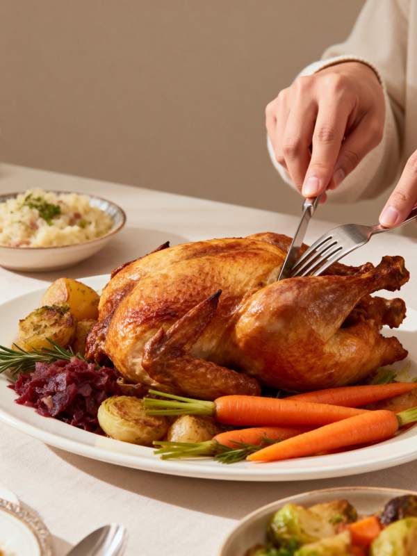 金黄烤鸡配蔬菜图片