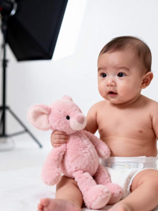 宝宝抱粉色小熊图片