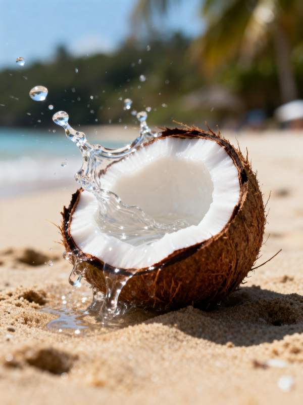 椰汁飞溅沙滩上图片