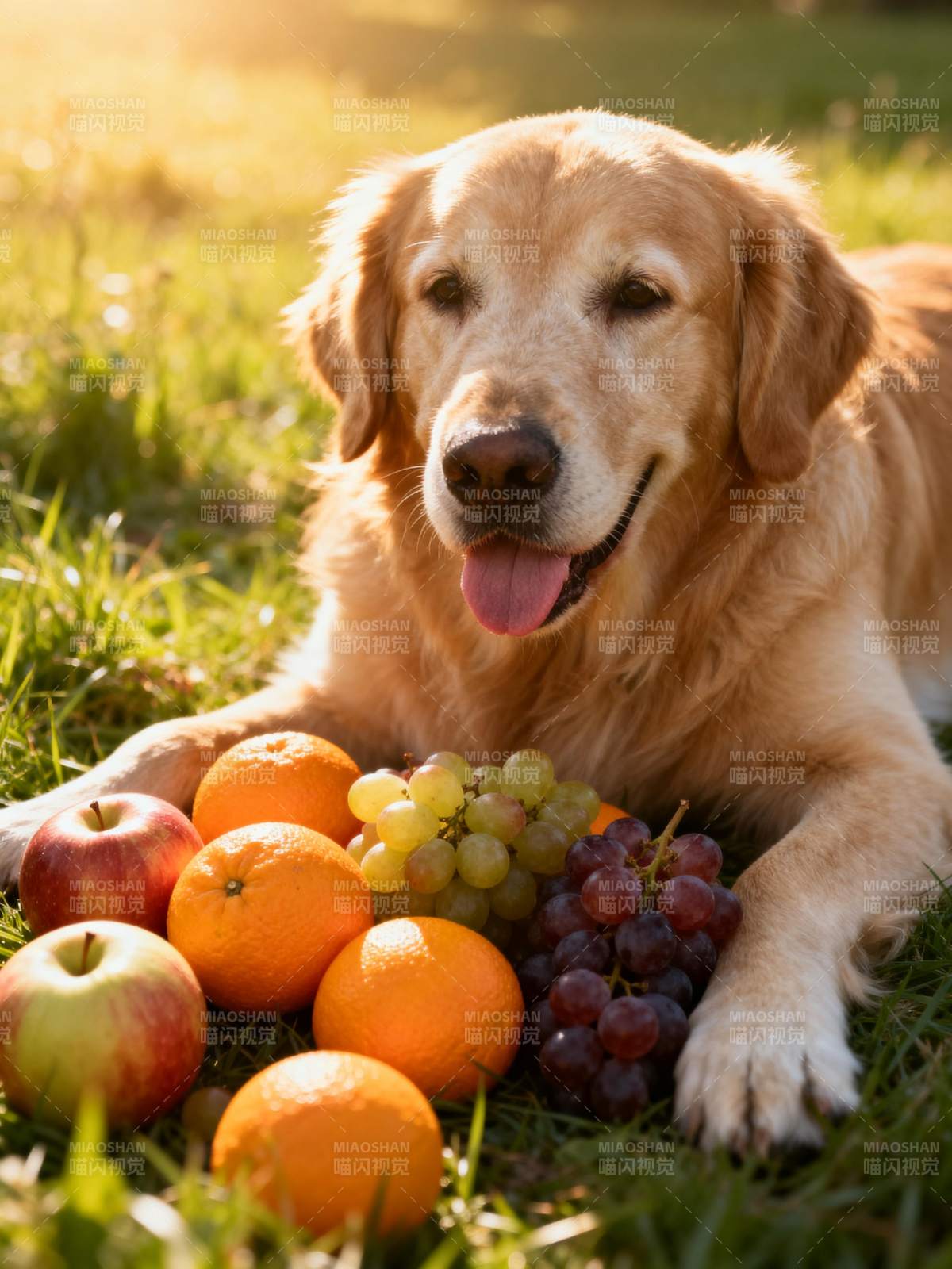 金毛与水果的午后图片
