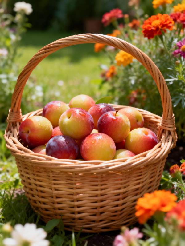 篮中鲜果花间香图片