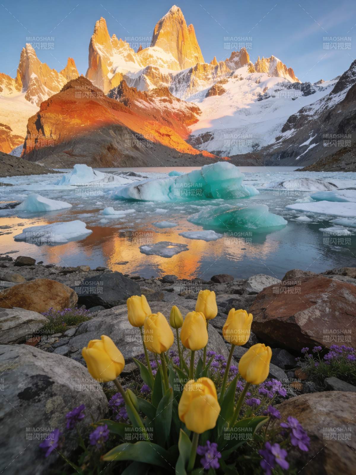 雪山映花 冰湖静美图片