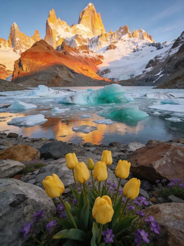 雪山映花 冰湖静美图片