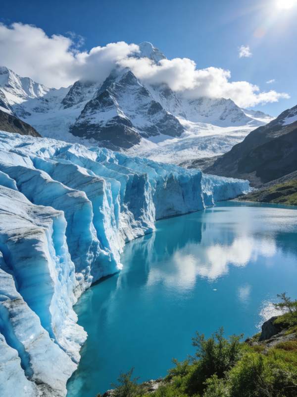 冰川湖畔雪山映图片