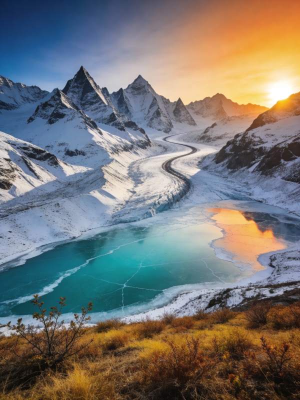 雪山映日 湖光如画图片