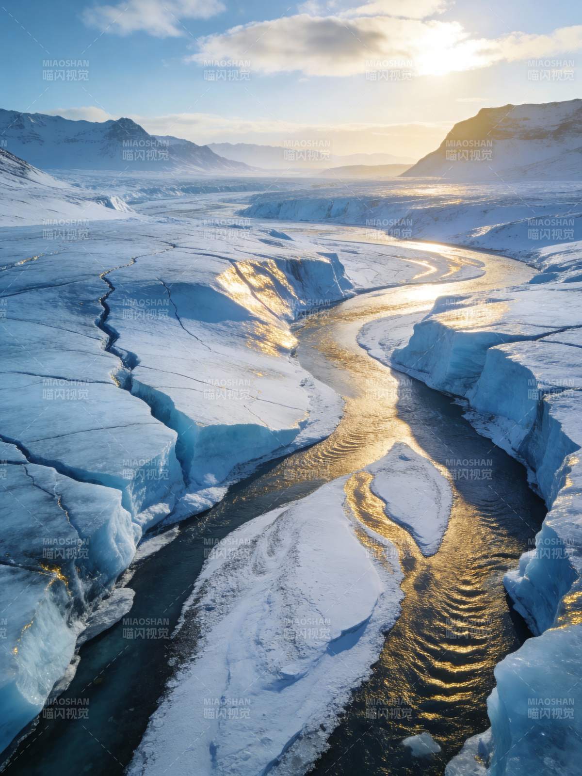 冰川河流日出图片