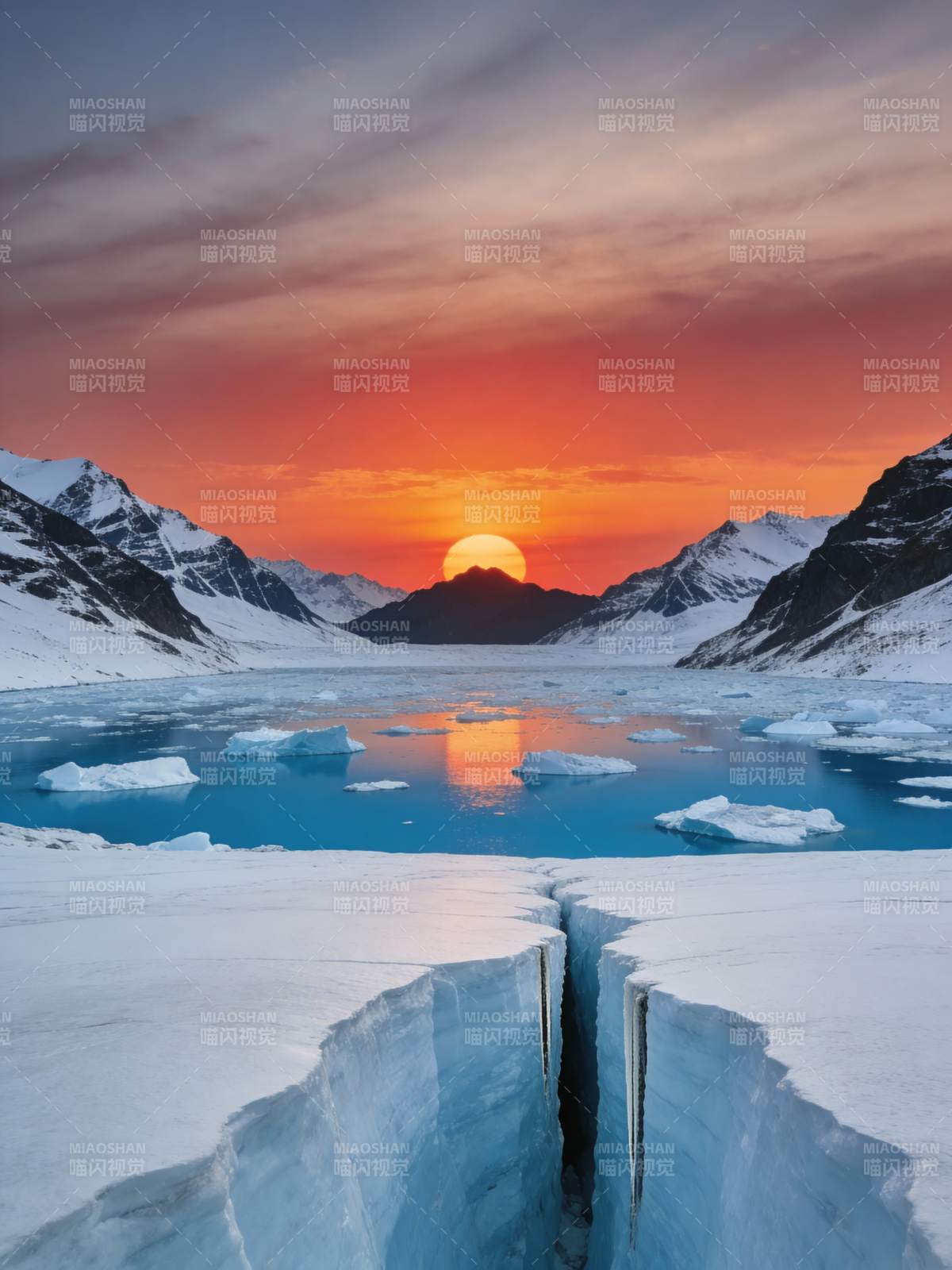 极地冰川日落图片