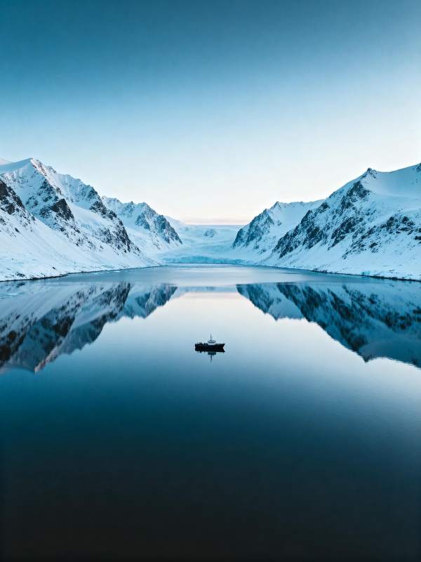 雪山湖影孤舟图片