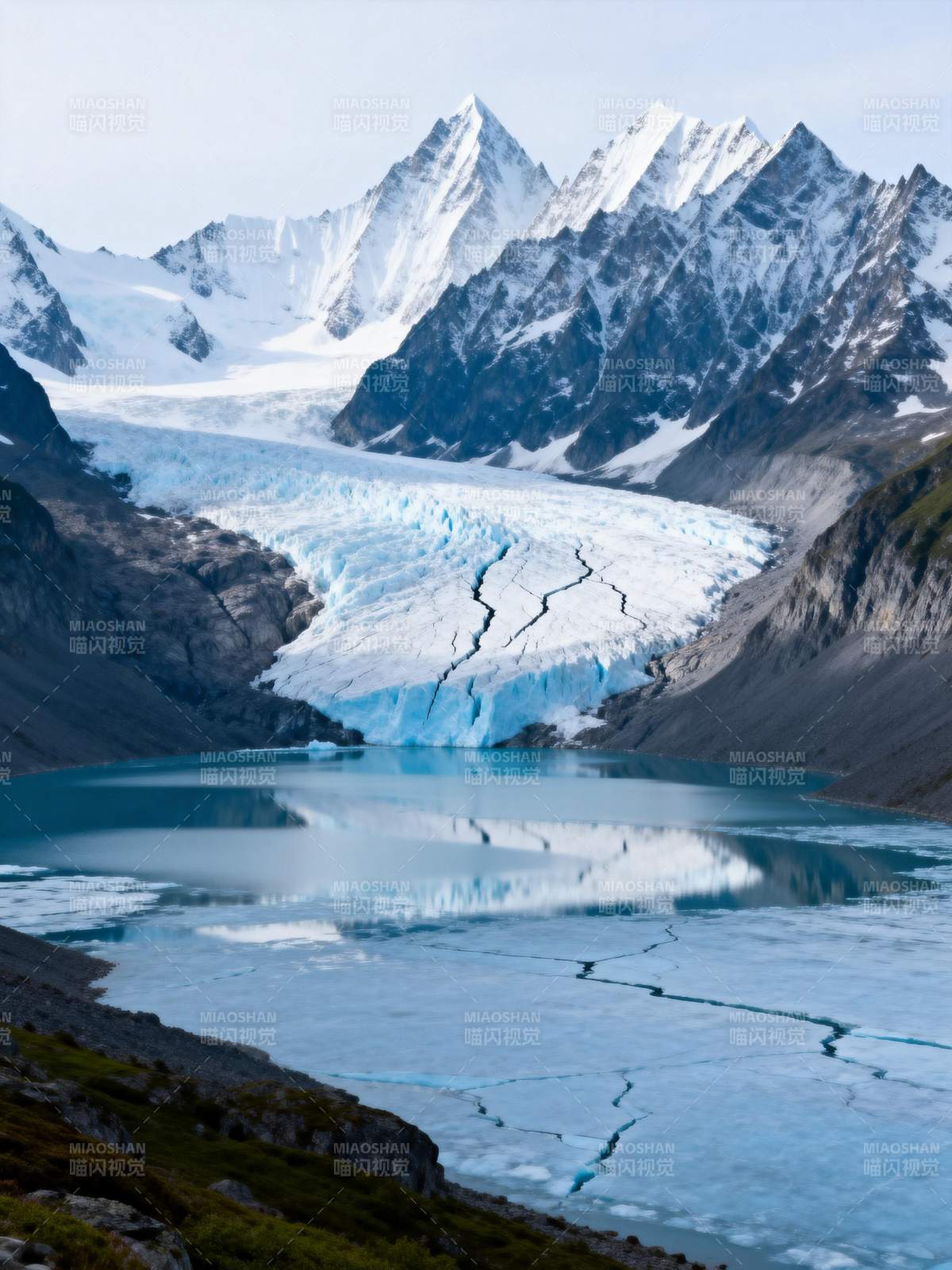 冰川湖畔雪山倒影图片