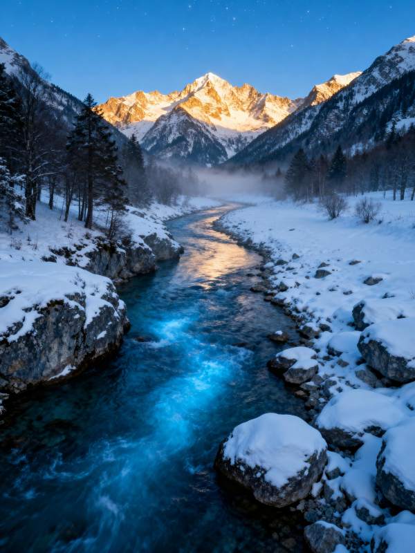 雪谷溪流夜景图片
