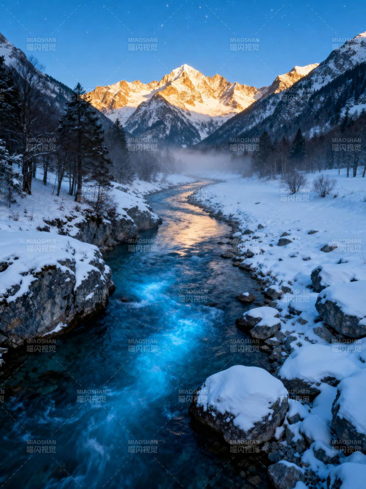 雪谷溪流夜景图片