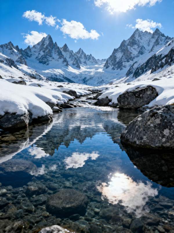雪山倒影清溪图片
