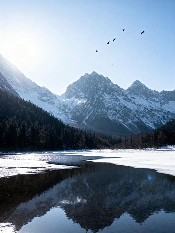 雪山倒影 飞鸟掠空图片