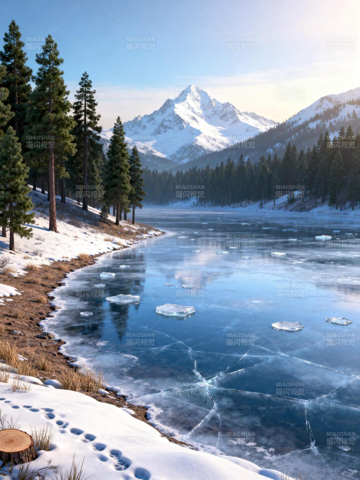 雪山湖畔冬景图片