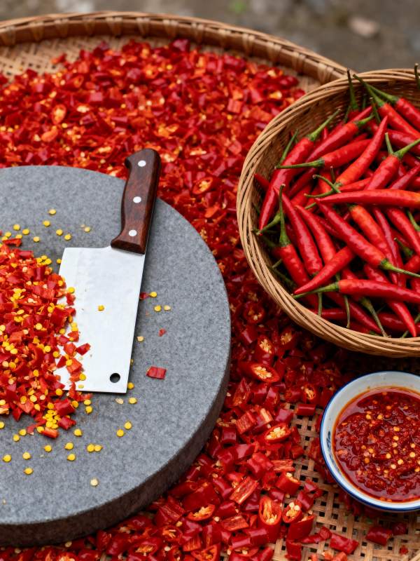 红椒切碎制作辣酱图片