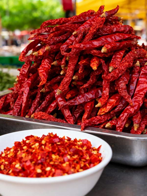 红辣椒堆与碎椒图片